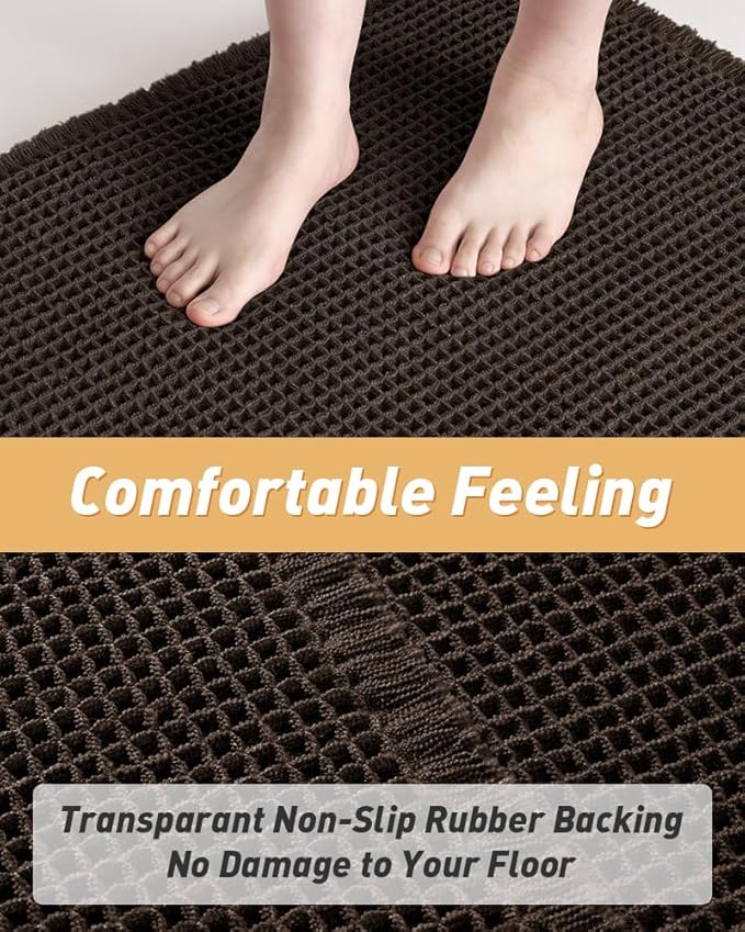 AMOAMI Upgraded Waffle Runner Rug Super Absorbent Non Slip Bath Mats for Bathroom Machine Washable Bathroom Runner Rug with Tassels, Ideal for Hallway Bedroom Laundry Room, Chocolate, 17" x 48"