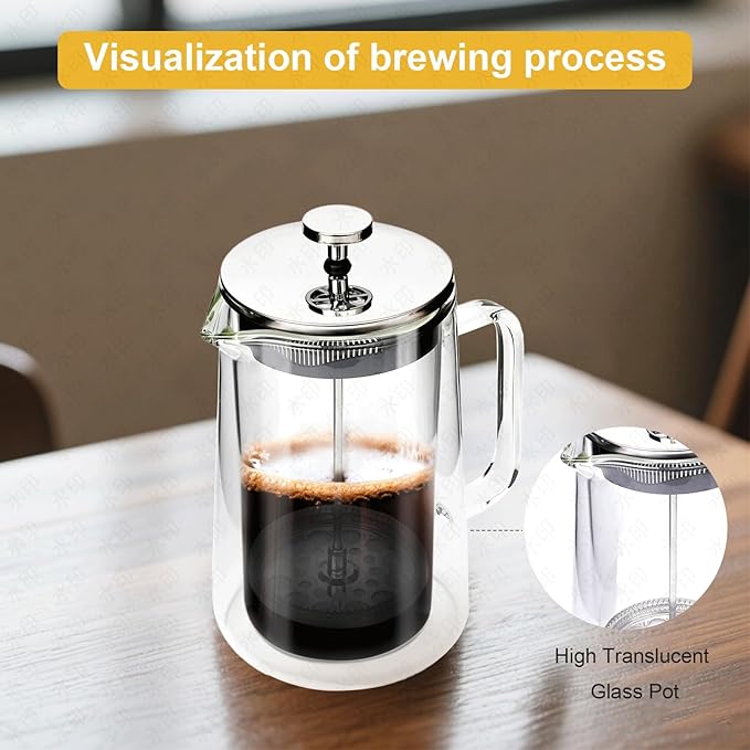 French Press Coffee Maker 34Oz (1 Liter), DoubleWall Insulated Borosilicate Glass, Heat-Resistant Design, Stainless Steel Filter for Coffee, Tea & Cold Brew