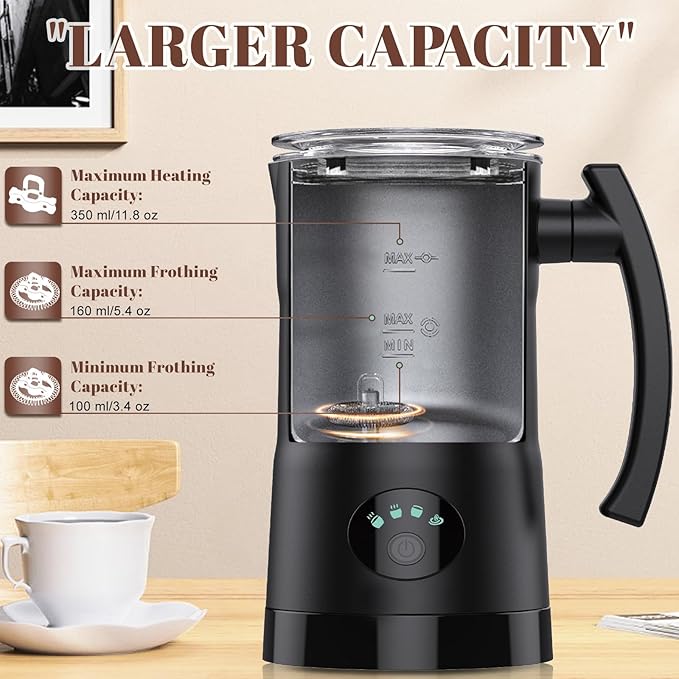 Milk Frother, 4-in-1 Milk Frother and Steamer with Temperature Control & Auto Shut-Off, 11.8oz/350ml Milk Warmer, Hot and Cold Foam Maker for Coffee, Latte, Cappuccinos, Macchiato, Black