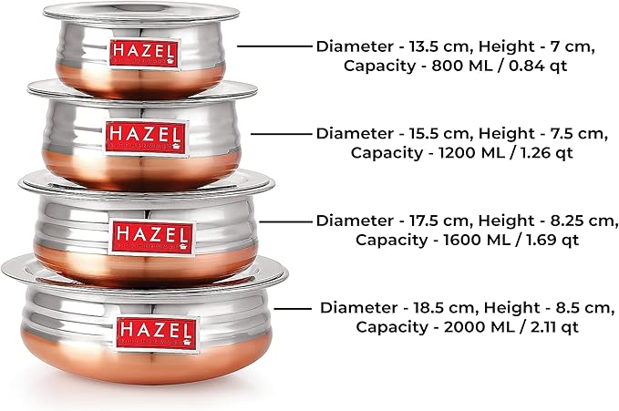 HAZEL Stainless Steel Copper Bottom Handi Set with Lids | Traditional Indian Cookware & Serveware | Set of 4 (0.8, 1.3, 1.7, 2.1 Quarts) | Durable Pots for Curry, Biryani & More
