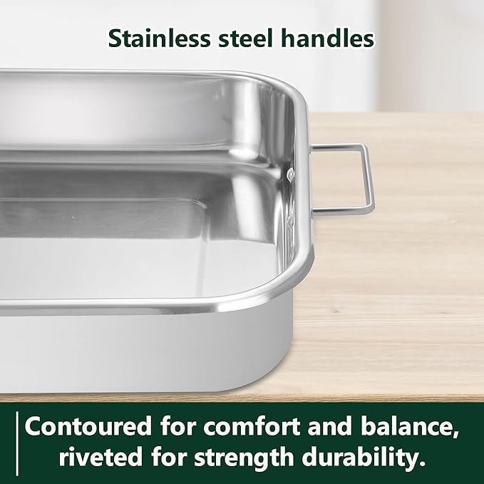Stainless Steel Roasting Oven Pan: Roaster Pans With Rack & Handles 16.2 * 12.2 * 3 inches - Kitchen Baking Appliances for Turkey Chicken Beef - Kitchen Cookware Gifts for Women Homeowner