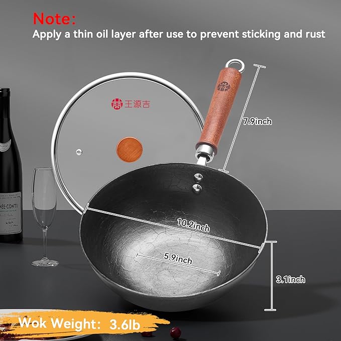 WANGYUANJI 10.2 Inch Cast Iron Wok with Lid, Flat Bottom Stir Fry wok with Wooden Handle, Non-Coated Small Skillet for Gas, Induction & Open Flame Cooking