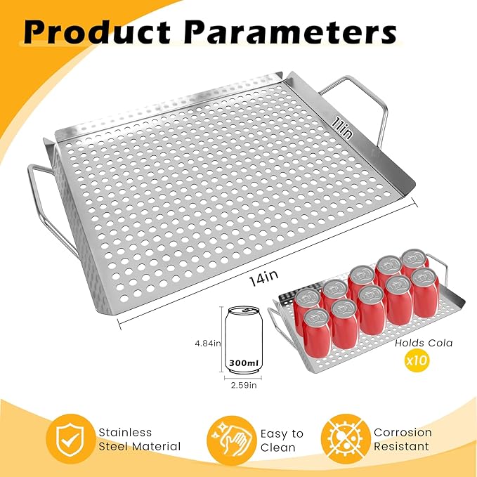 11 x 14 Inch Nonstick Grill Tray with Handles,Perforated Stainless Steel Grill Pans for Outdoor Grill,Heavy Duty Grilling Accessories for Charcoal/Gas Grills,Easy to Use and Clean (11 * 14)