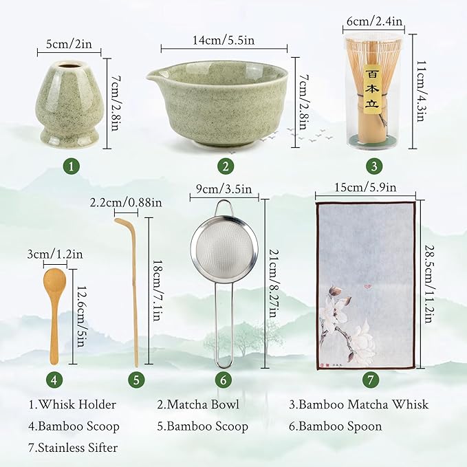 Matcha Set Whisk and Bowl with Spout and Measuring Spoon, Japanese Ceremony Matcha Tea Making Tools (Green)
