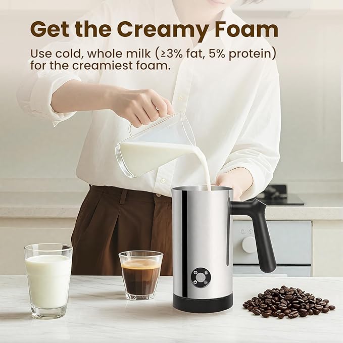 Milk Frother, 4-in-1 Milk Frother and Steamer, 10.6oz Electric Milk Steamer, Automatic Cold and Hot Foam maker for Lattes, Cappuccinos, Ceramic Lining Interior (Polished)