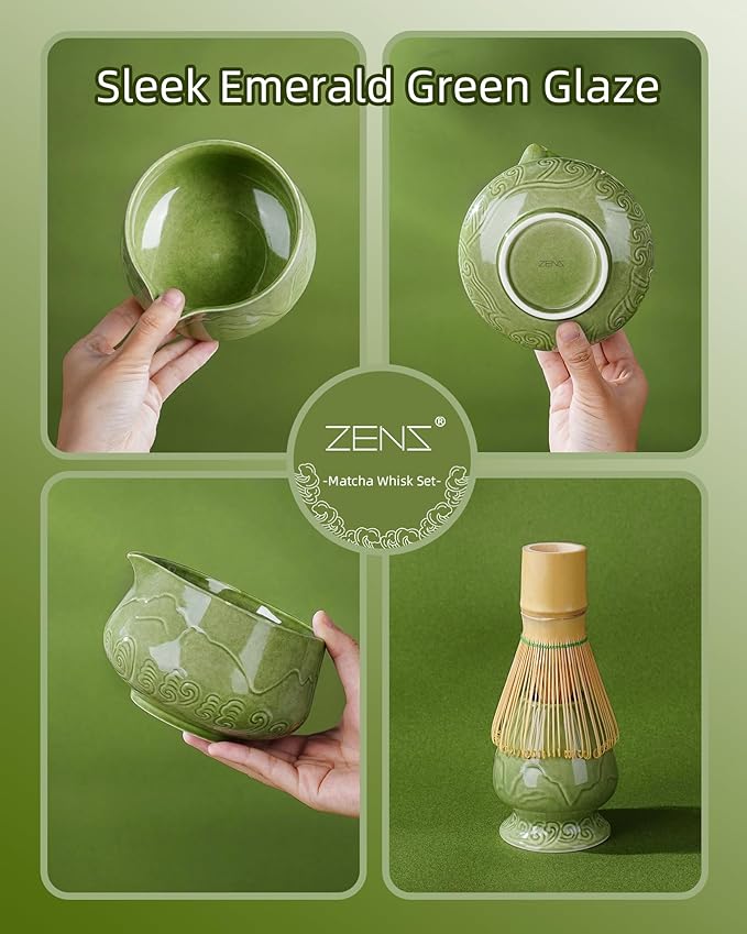 ZENS Matcha Whisk Set, 15oz Ceramic Matcha Set Includes Matcha Bowl, Bamboo Whisk & Chasen Holder, Sifter, Scoop & Tea Towel, 6pcs Matcha Kit for Matcha Latte, Emerald Green
