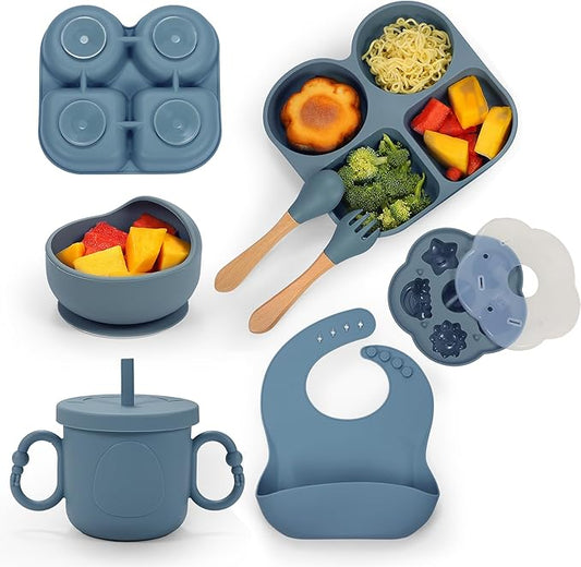 Silicone Feeding Set, Led Weaning Supplies, Food Tableware Suction Plate, Bowl, Spoons, Fork, Waterproof Bib, Cup & Complementary Food Cake Mold, Baby Eating Utensils