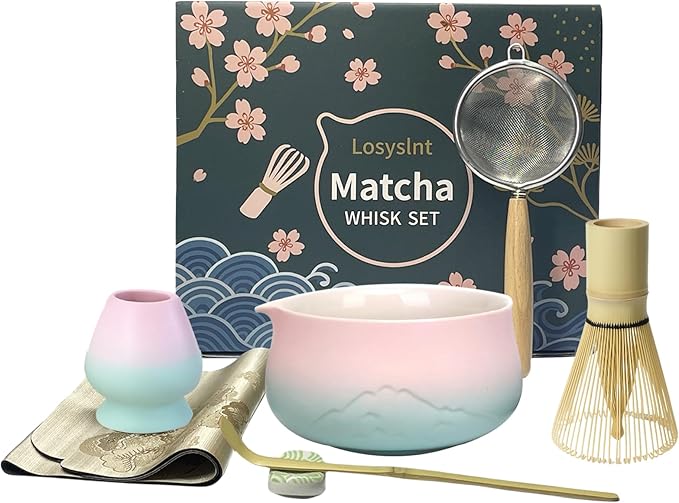 7-Piece Ceramic Matcha Set | Complete Matcha Tea Ceremony Kit with Bowl (Chawan) with Spout, Bamboo Whisk (Chasen) & More | Perfect Starter Kit & Gift for Matcha Lovers (Pink)