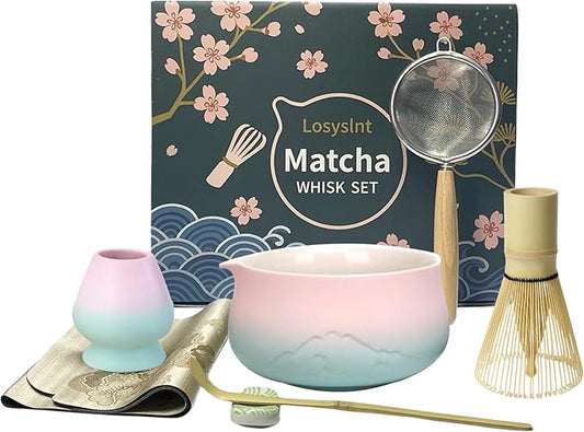 7-Piece Ceramic Matcha Set | Complete Matcha Tea Ceremony Kit with Bowl (Chawan) with Spout, Bamboo Whisk (Chasen) & More | Perfect Starter Kit & Gift for Matcha Lovers (Pink)