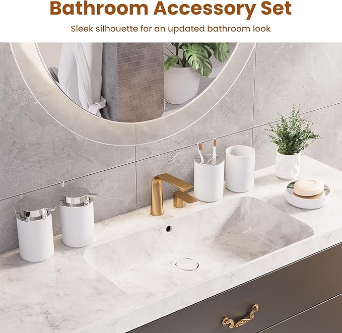 7-Piece White Bathroom Set with Suction Wall Trash Can - Space Saving Organizer Kit with Toilet Brush Holder, Liquid & Foam Soap Dispenser, Toothbrush Holder & Soap Dish for Bathroom Kitchen