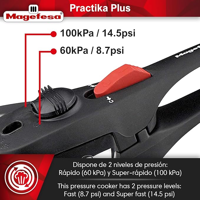 Magefesa Practika Plus 8-Quart Stainless Steel Pressure Cooker, Suitable for All Types of Stovetops, 5-Layer Heat Diffuser Bottom, 5 Safety Systems, Even Heat Distribution