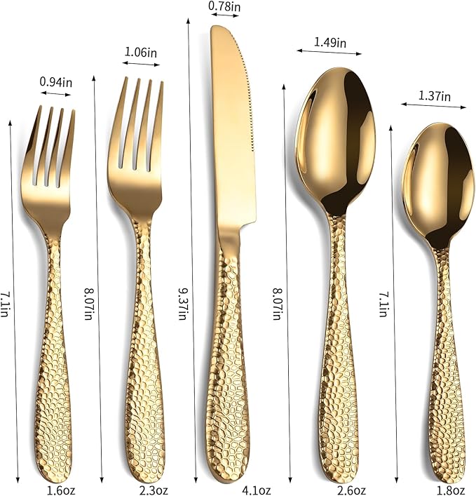 Gold Hammered Silverware Set, 40-Piece Heavy Duty Stainless Steel Flatware Sets for 8, Food-Grade Cutlery Set for Home Restaurant, Mirror Polished, Dishwasher Safe