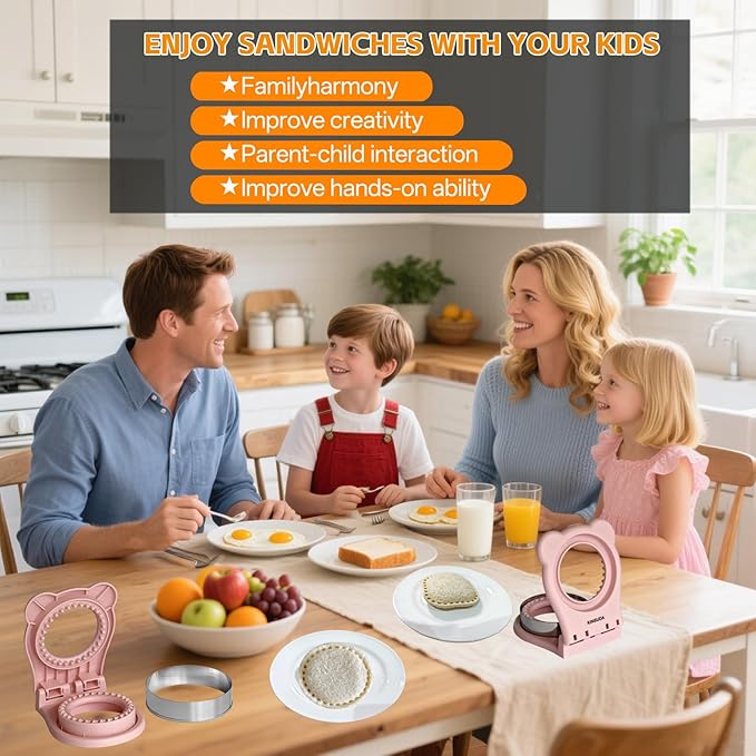 Sandwich Cutter and Sealer - 3.7" Circle & Square Pocket Sandwich Maker, Intuitive & Easy-to-Use for Boys &Girls, Perfect for Breakfast & Lunchboxes (Light Pink, Round)