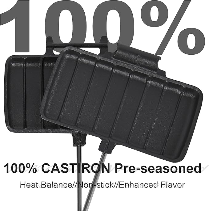 Double Pie Maker Cast Iron Sandwich Press Pans for Camping with Storage Bag and Recipes, Camp Cooker Campfire Cooking Equipment for Pies, Sandwiches, Steak, Hot dogs