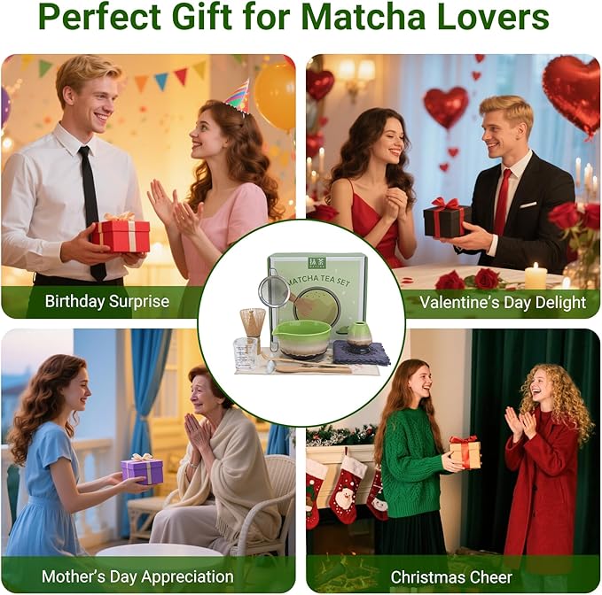 Matcha Whisk Set – 10 Pcs Matcha Set Whisk and Bowl – Ceremonial Matcha Kit, Matcha Starter Kit & Accessories – Japanese Matcha Set Gift for Tea Ceremony and Matcha Lovers (Tri-Color Glazed)