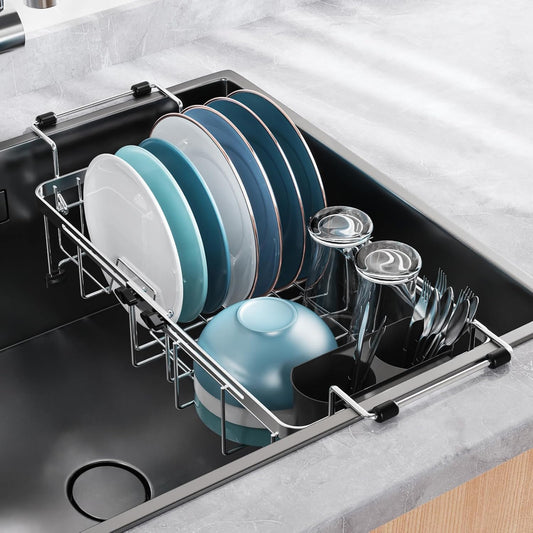 GSlife Small Sink Dish Drying Rack - Stainless Steel Capacity Extendable Narrow Dish Drainer for RV Sink Apartment Kitchen, 11.9“-16.7” L x 9" W x 5.7" H, Silver