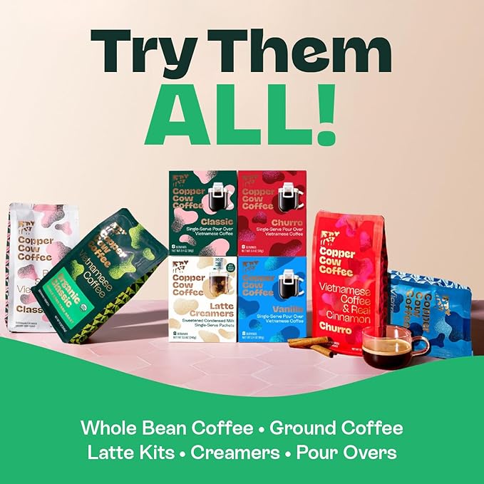 Copper Cow Coffee Premium Pour Over Single-Serve Vietnamese Coffee Pouches (24 pack) | Classic Black | Dark Roast | Convenient Vietnamese Ground Coffee Packets, Travel Friendly