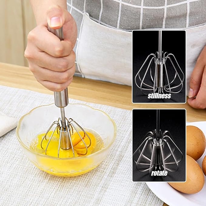 Stainless Steel Semi Automatic Whisk - 12 Inch Easy Whisk Rotating Hand Egg Beater for Milk Frother, Dough, Cream, Matcha, Hand Push Kitchen Mixer for Blending, Whisking, Beating & Stirring (Silver*3)