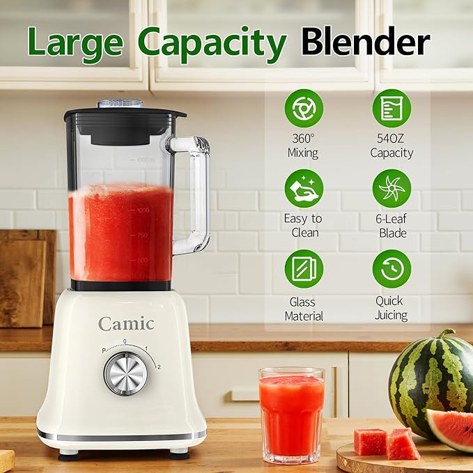 Camic 750W Professional Blender,6-Cup Glass Jar Blender for Smoothies and Shakes with 6 Sharp Stainless Steel Blades,Ice Crush Function,for Juice,Puree, Soup(White)