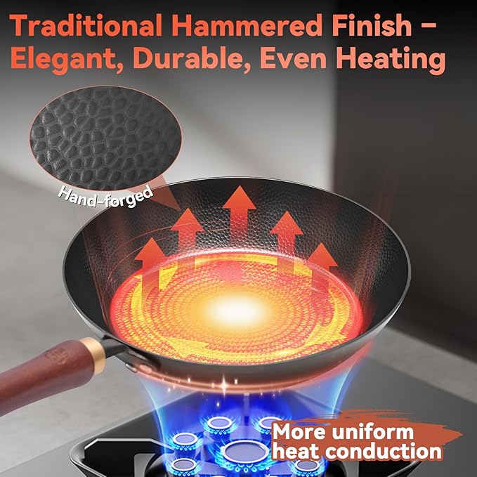 WANGYUANJI 10.2" Iron Skillet with Glass Lid & Griddle Spatula, Flat-Bottom Frying Pan, Hand-Hammered, Uncoated, Induction/Gas/Electric Compatible — Seasoning Required