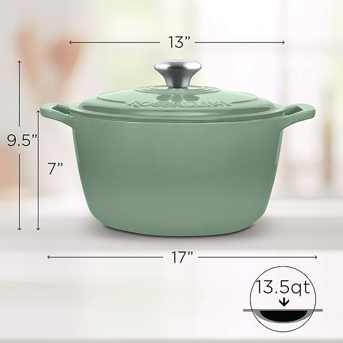 Signature Enameled Cast Iron Dutch Oven, Non-Stick Serving Pot with Tight Fitting Lid for Perfect Roasting, Baking, Sauteing, and Bread Making | 13.5Q (12.7L) - Sage