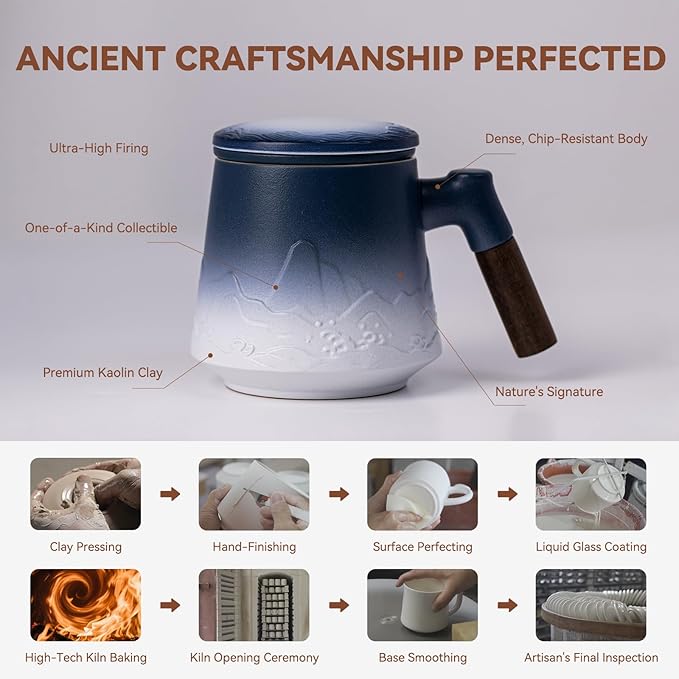 Tea Cup with Infuser and Lid 15oz - Kiln-Transformed Ceramic Mug with Mountain-Ocean Relief, Blue-White Gradient Wood Handle Tea Set, Anniversary Birthday Gift