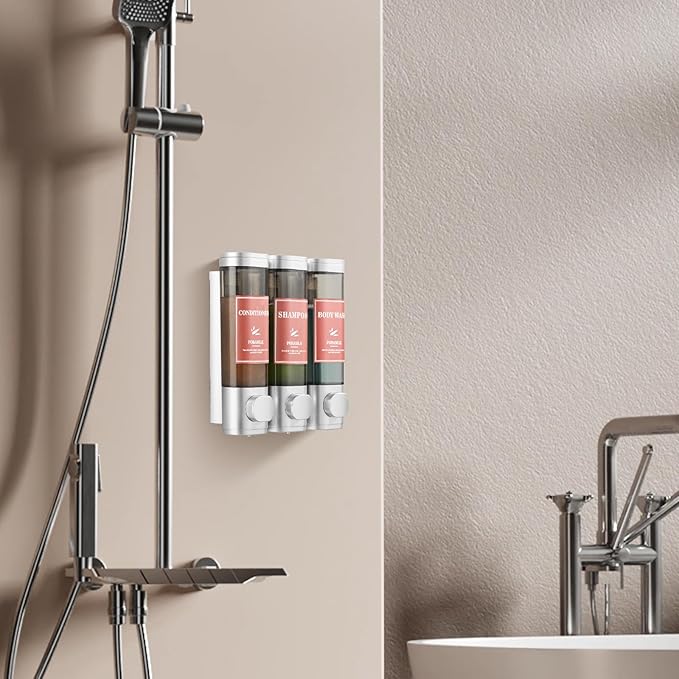 Shampoo and Conditioner Dispenser Wall Mounted Shower Soap Dispenser No Drill Shampoo Dispenser for Shower 3 Chamber Bathroom Body Wash Shower Gel Holder Sliver