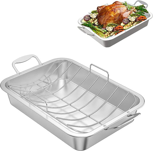Skyflame Roasting Pan with Rack for Turkey, Stainless Steel Silver Rectangular Barbecue Bakeware Roaster Pan with Nonstick U-Rack for Indoor/Outdoor Oven Cooking