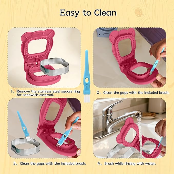 Sandwich Cutter and Sealer - 3.7" Circle & Square Pocket Sandwich Maker, Intuitive & Easy-to-Use for Boys &Girls, Perfect for Breakfast & Lunchboxes (Fuchsia, Square)