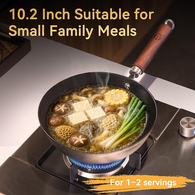WANGYUANJI 10.2 Inch Cast Iron Wok with Lid, Flat Bottom Stir Fry wok with Wooden Handle, Non-Coated Small Skillet for Gas, Induction & Open Flame Cooking