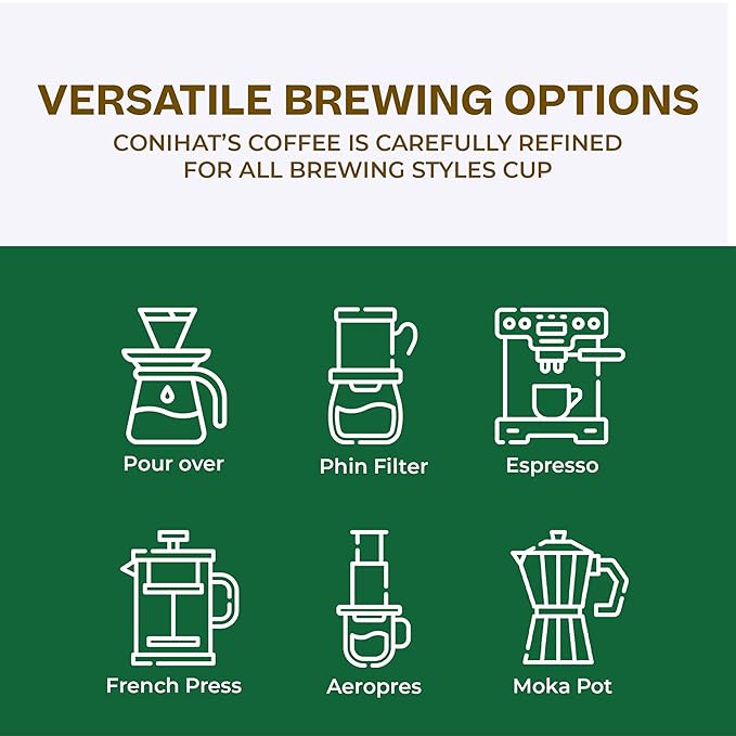 Conihat Whole Bean Coffee - Vietnamese Premium Arabica & Robusta Blend, Medium Roast, Dark Caramel, Roasted Peanut & Like-woody Notes, Balanced Flavor, Low Acid, Single Origin, Hand-Picked, 16 Oz Bag