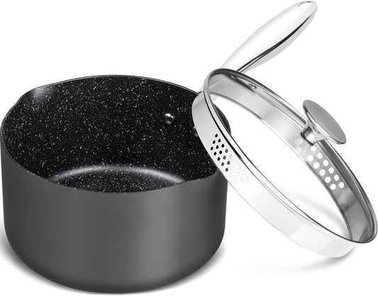 MICHELANGELO 3 Quart Saucepan with Lid, Hard Anodized Nonstick Sauce Pan with Strainer Lid & Pour Spouts for Easy Pour, Granite Derived Coating Sauce Pan for Cooking, Small Pot - 3 Qt Saucepan
