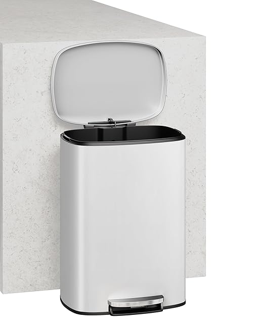 Garvee 13 gal / 50 L Metal Kitchen Trash Can with Lid, Large Rustproof Garbage Can for Kitchen, Step-on Trash Bin with Inner Bucket, Rear Handle, Soft Close Lid, White