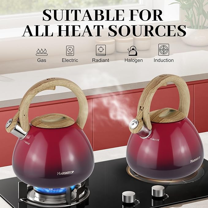 MARSKITOP Tea Kettle for Stove Top, Food Grade Stainless Steel Teapot for Stovetop, Tea Pot for Stove with Anti-Hot Handle, Stove Top Whistling Tea Kettle for Boiling Water, 2.6 Quart, Red