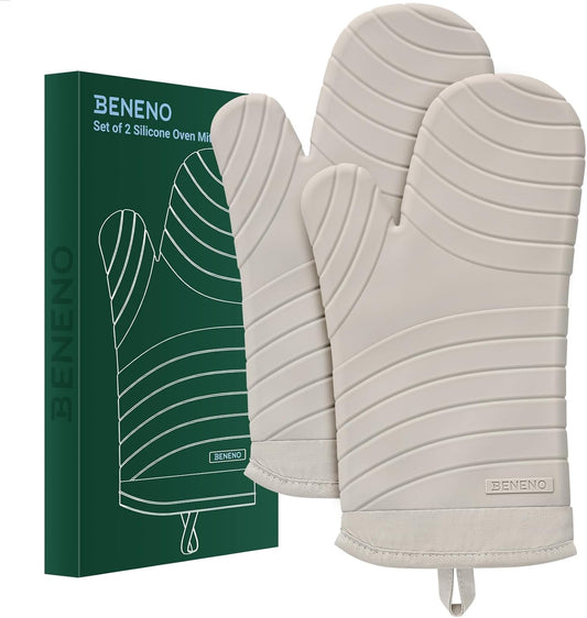 Beneno BPA-Free Silicone Oven Mitts, Heat Resistant Waterproof Oven Mitts with Non-Slip Textured Grip, Comfortable Quilted Lining, Kitchen Pot Holders for Cooking, Baking, Grilling, 7"x13", 2Pcs Beige