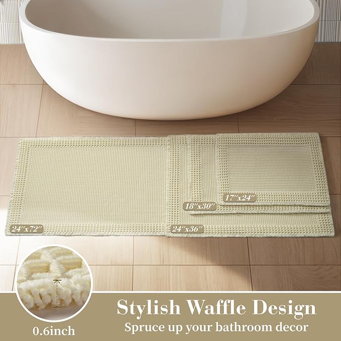 RESARE Waffle Bathroom Runner Rugs, Super Absorbent Bath Mat Non Slip Washable Quick Dry, Ultra Soft Quick Dry Boho Bath Rugs with Tassels for Hallway Bedroom Laundry Room, 2'x6'(24"x72") Cream