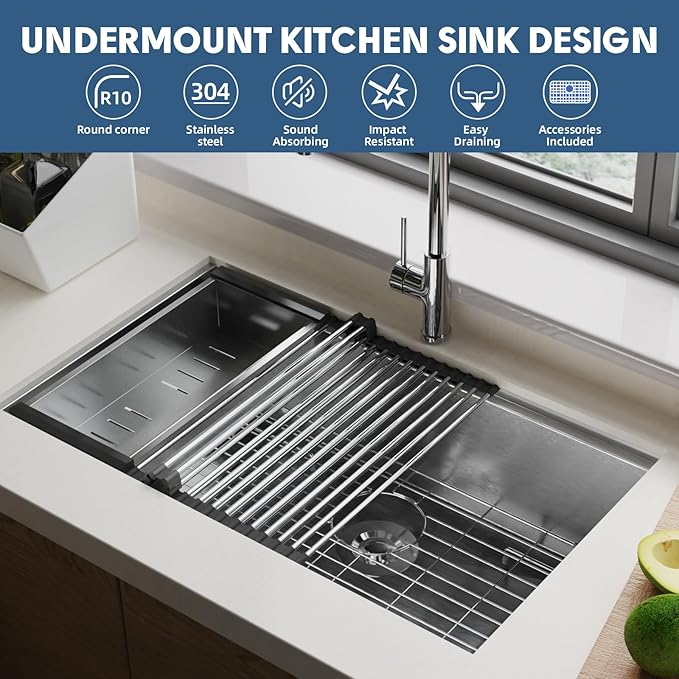 30"x19" Undermount Kitchen Sink, 16 Gauge Single Bowl Stainless Steel Kitchen Sink with Nano Coating & Brushed Finish, Modern Single Bowl with Ledge and Accessories