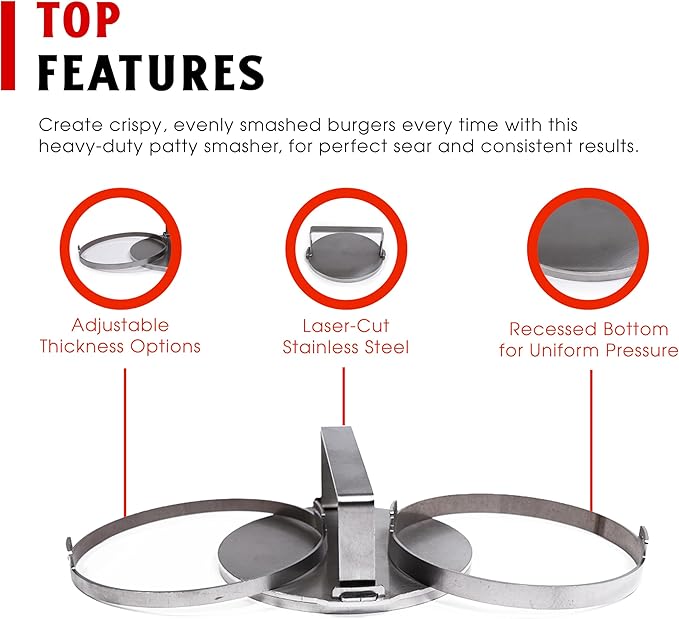 Burger Patty Smasher, Adjustable Stainless Steel Patty Press with 3 Ring Inserts for Perfect Smashburgers