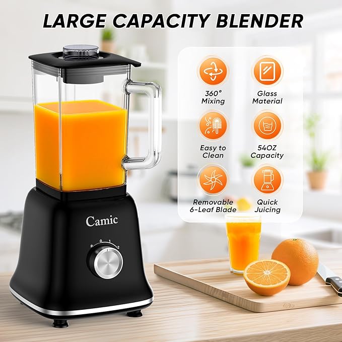 Camic 750W Professional Blender,6-Cup Glass Jar Blender for Smoothies and Shakes with 6 Sharp Stainless Steel Blades,Ice Crush Function,for Juice,Puree, Soup(Black)
