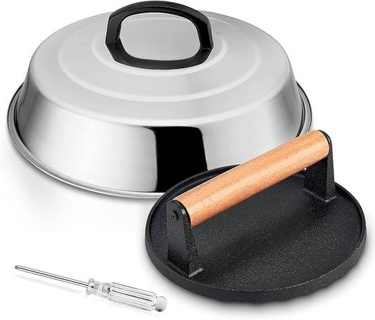 12In Cheese Melting Dome & 7In Cast Iron Grill Press, HaSteeL Stainless Steel Basting Cover with Heavy Duty Burger Bacon Press, Griddle Accessories for Teppanyaki Flat Top Stovetop Indoor & Outdoor