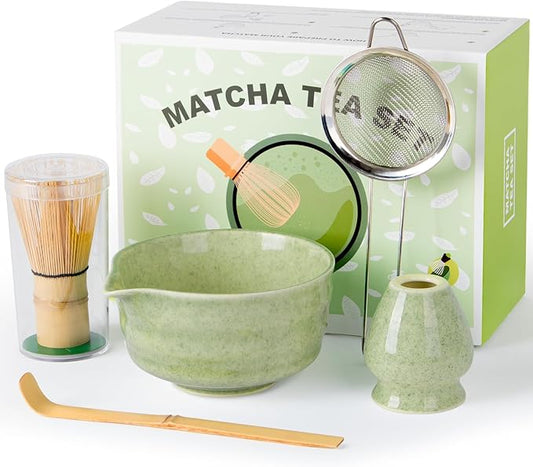 Matcha Set,5 Pcs Matcha Whisk Set Includes Bowl with Spout, Whisk,Holder,Bamboo Scoop and Sifter- Matcha Kit for Making Breakfast/Latte,Gift for Lovers（Green）