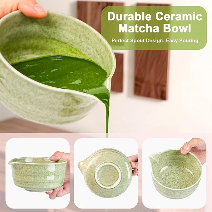 Matcha Whisk Set - 5Pcs Japanese Tea Set Includes Matcha Bowl with Spout, Bamboo Whisk with Holder, Scoop & Sifter, Essential Matcha Kit for Tea Ceremony, Gift for Beginners (Speckled Green)