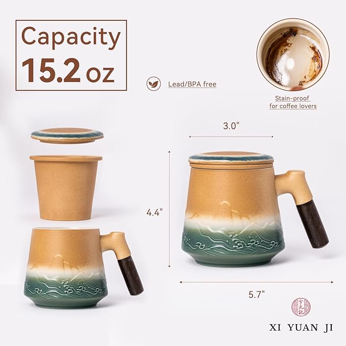 Tea Cup with Infuser and Lid 15oz - Kiln-Transformed Ceramic Mug with Mountain-Ocean Relief, Antique Bronze-Green Gradient & Wood Handle Tea Set