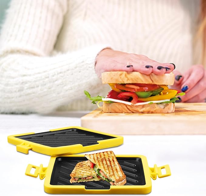 Microwave Toastie Maker, 6.9 * 5.9 * 1.6 Inch Sandwich Maker Time-Saving Grilled Cheese Toaster with Adjustable Silicone Strap Microwave-Safe Cookware Kitchen Tool for Toastie Panini (Yellow)