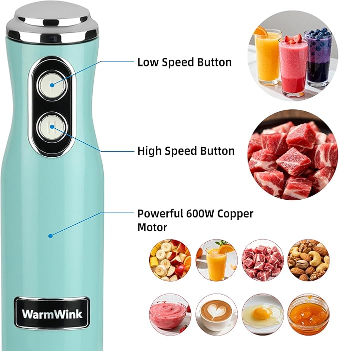 4 in 1 Corded Hand Blender Includes Food Chopper, Mixing Beaker Milk Frother and Whisk 600W Handheld Blender with Stainless Steel Blade, Baby Food Blender