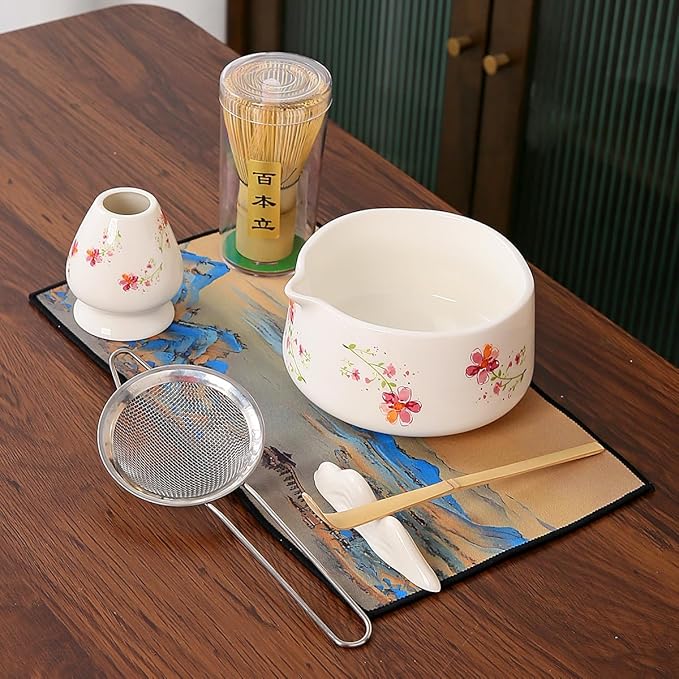 Matcha Set 7-Piece matcha whisk set Kit with Ceramic Bowl, Bamboo Whisk & Holder, 1 Scoops, Strainer, Tea Cloth Pink gift box (white)