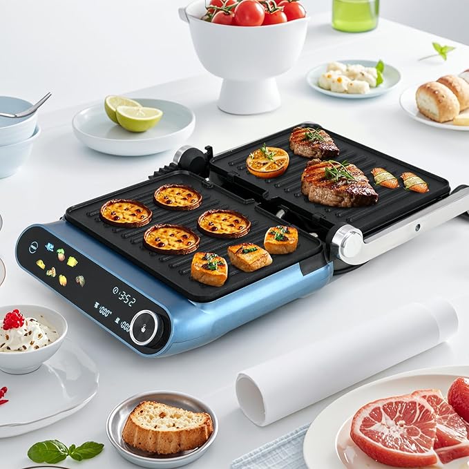 Happygrill 3 in 1 Panini Press Electric Indoor Grill & Sandwich Maker,1200W Open Flat Griddle w/ 2 Removable Non-Stick Dishwasher-Safe Plates,LED Display,7 Modes,Independent Temp Control & Drip Tray
