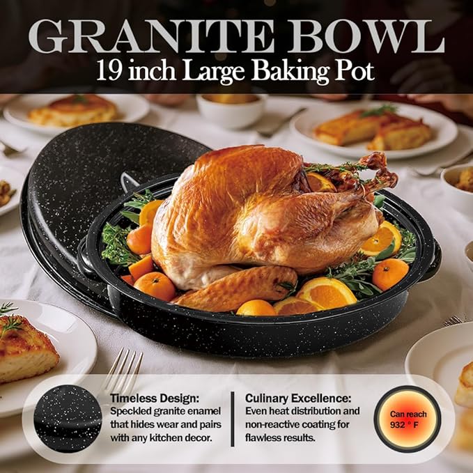 19” Turkey Roasting Pan Enamel Oval Granite Large Roaster Pan with lid with 17in Inner Diameter Large Capacity Suitable for Thanksgiving Day Enamel Cook Ware Dishwasher Compatibility Oven