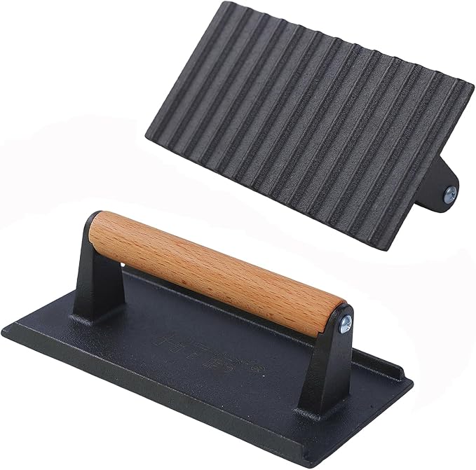 HTB Heavy-Duty Cast Iron Barbecue Press, Wood Handle Meat Steak Smash for Juicy Crispy Burgers on BBQ, Griddle, Camping Rectangle (Striped 088R)