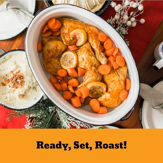 Granite Ware 15 inch oval roaster with Lid (Speckled White) enameled steel design to accommodate up to 10 lb poultry/roast. Resists up to 932°F